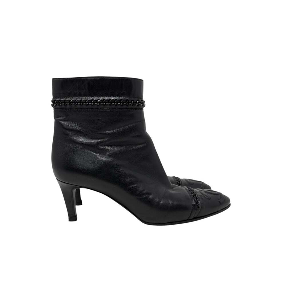 Chanel Black Leather CC Logo Chain Cap Toe Ankle Boots Size 37